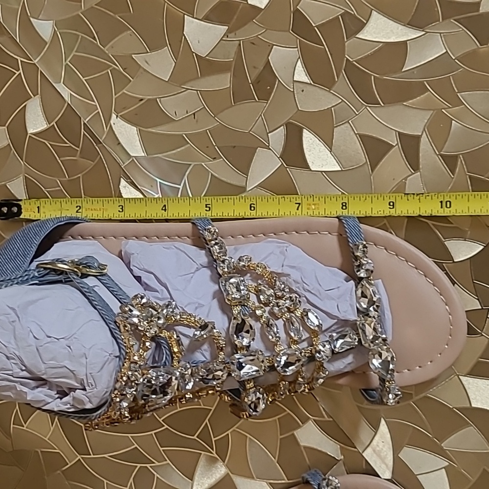 Shoe Dazzle Gold Crystal & Denim Gladiator Sandals - Picture 10 of 12